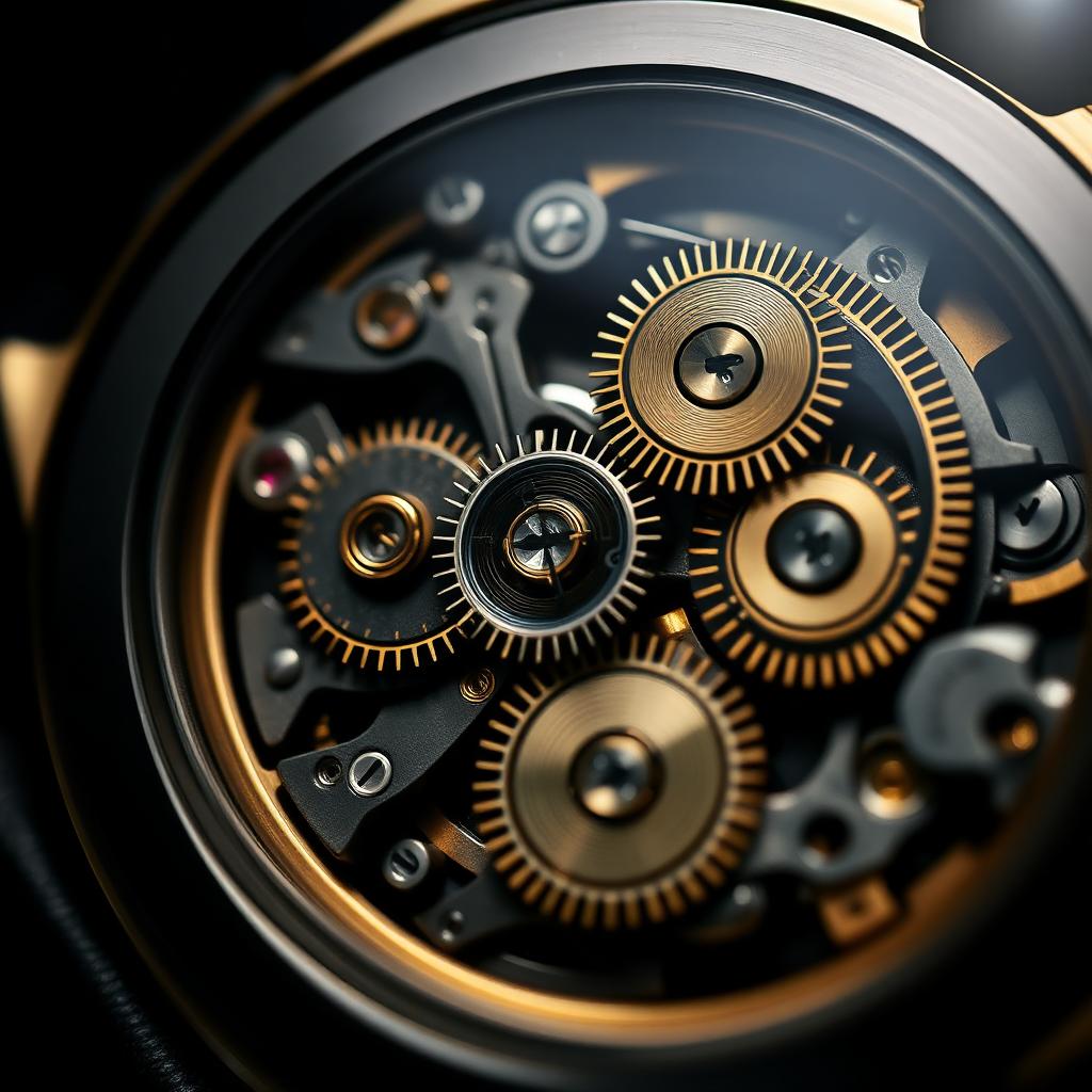 Intricate Swiss watch mechanism in gold and steel