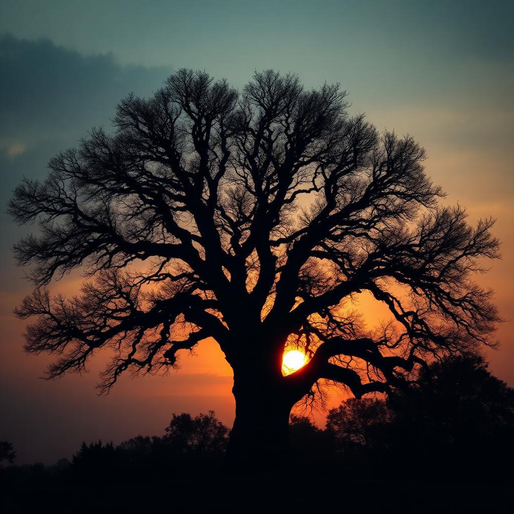 Ancient oak tree silhouetted at sunset